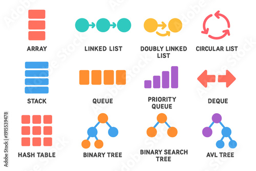 Colorful flat design icons of data structures with minimalistic styles