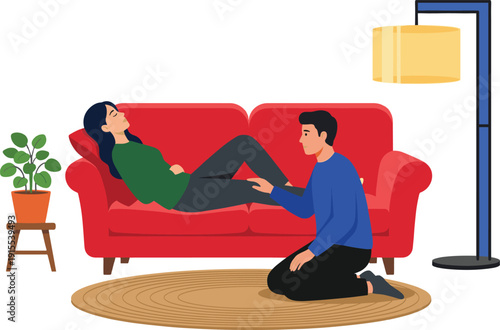 Man comforting a sick woman lying on a red sofa, supportive husband caring for ill wife in living room