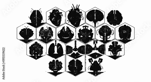 Intricate biological forms arranged in a honeycomb pattern, representing diversity of life and science.