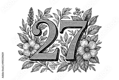 Vintage floral number design with intricate botanical elements