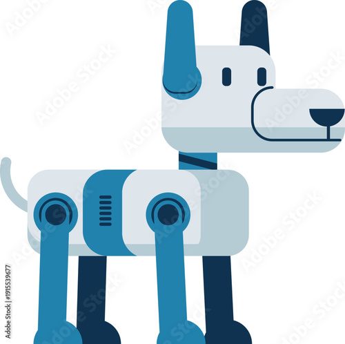 Minimalist cartoon robot dog in blue and white, featuring segmented limbs and a friendly face. Ideal for children’s content, tech themes, or playful futuristic design projects.