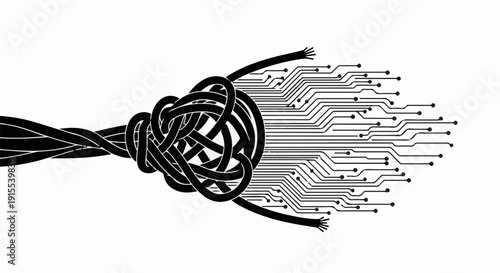 Tangled wires transforming into a clean circuit board, symbolizing complexity and order