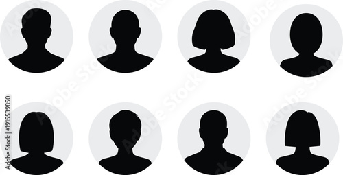 Black avatar silhouette icons featuring diverse human head shapes and hairstyles in circular backgrounds, ideal for user profiles, identity graphics, demographic visuals, and digital design