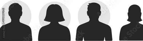 Black avatar silhouette icons featuring male and female profiles in circular backgrounds, ideal for user profiles, team member representation, identity graphics, and demographic visuals