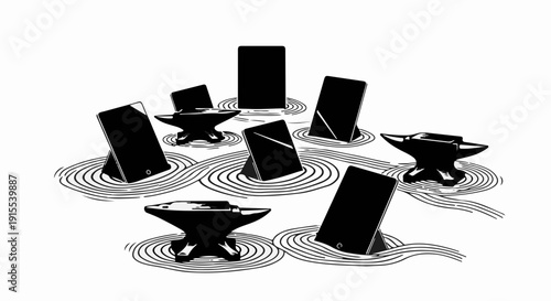 Modern technology meets traditional craftsmanship in abstract artistic arrangement