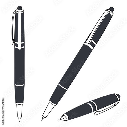 Set of three dark fountain pens in various orientations, elegant writing tools illustration with clean lines