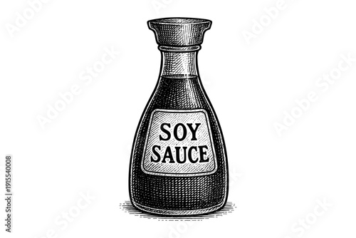 Detailed ink drawing of soy sauce bottle with classic label design