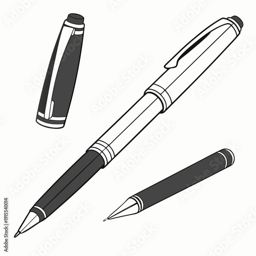 Elegant fountain pen with cap and nib detail isolated on white background, classic writing instrument illustration