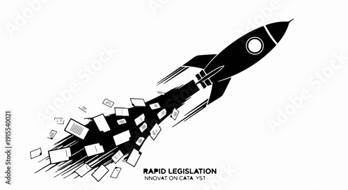 Rocket launch with documents trailing, symbolizing rapid innovation and progress.