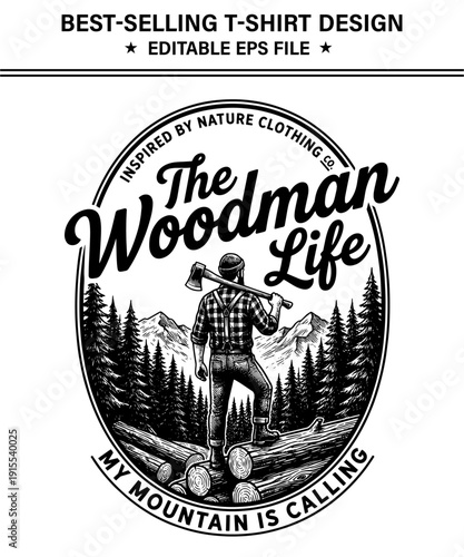 Woodman life logo design with lumberjack standing on log holding axe in forest with mountains in the background  isolated on transparent background