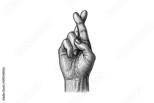 Hand with crossed fingers in vintage etching style for luck and hope
