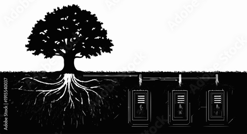 Tree roots connect to underground network of electrical meters, symbolizing nature and technology integration.