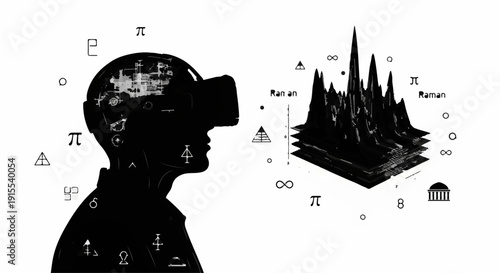 Futuristic silhouette explores virtual reality with abstract data visualization and scientific symbols