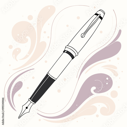 Ornate fountain pen with stylized ink splatters and swirling decorative elements, evoking creative expression