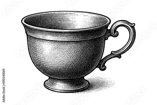 Intricate line art of vintage teacup with ornate handle on white background