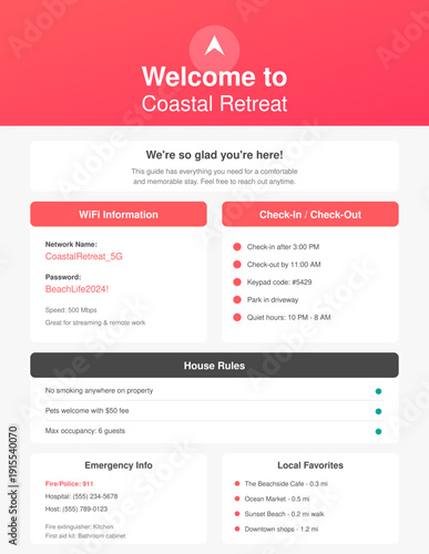 Stylish Airbnb welcome book with house rules, WiFi, local tips. Editable SVG for vacation rentals, short-term rentals, VRBO hosts. Modern host guidebook.