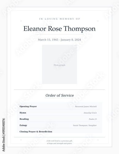 Elegant funeral memorial program with photo, order of service, dignified design. Editable SVG for memorial services, celebration of life, obituary programs. Print-ready tribute.