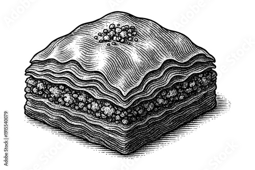 Vintage hand-drawn detailed lasagna artwork for culinary design projects