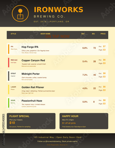 Modern craft brewery taproom menu with beer list, ABV, IBU, tasting notes. Editable SVG for craft breweries, beer bars, tap rooms. Industrial hipster design.