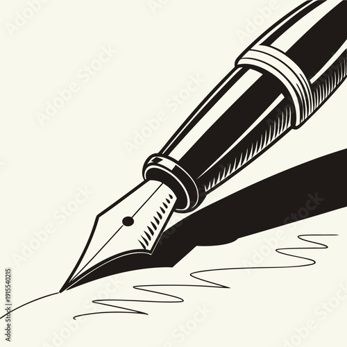 Close-up of a fountain pen nib writing a wavy line on paper, dramatic shadow, vector illustration