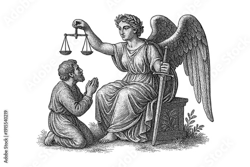 Mythical justice depiction with winged figure holding scales and sword in detailed black and white artwork