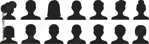 Black avatar silhouette icons featuring diverse human head shapes and hairstyles, ideal for user profiles, identity graphics, demographic illustrations, and digital interface design