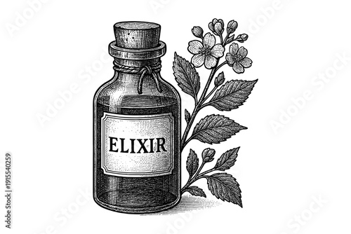 Vintage medicine bottle with floral element in engraved style