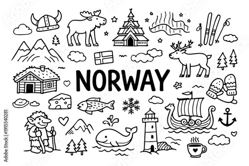 Norway Travel Hand Drawn Doodle Set. Vector Illustration of Scandinavian Landmarks, Viking and Nature Symbols.