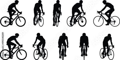 Black cyclist silhouette illustrations featuring diverse riding positions and perspectives, including side and front views, ideal for sports design, cycling techniques, and motion studies