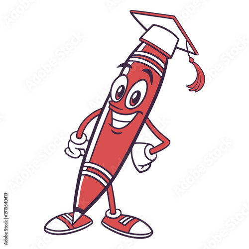 A cheerful, cartoonish red pen character wearing a graduation cap, symbolizing academic success and education.