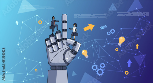 Collaboration of human and modern technology. Futuristic robotic hand with points upward, surrounded by floating tech icons like gears, brain, chart, rocket. People runs up on robot hand.