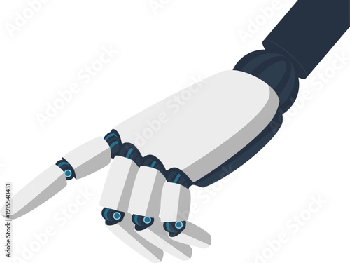 Abstract sleek, white robotic hand with blue accents points forward against a clean white background. Perfect for themes of technology,  automation, and future innovation in design projects.