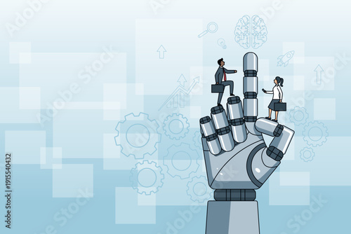 Collaboration of human and modern technology. Futuristic robotic hand with points upward, surrounded by floating tech icons like gears, brain, chart, rocket. People runs up on robot hand.