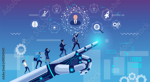 Collaboration of human and modern technology. Futuristic robotic hand with points upward, surrounded by floating tech icons like gears, brain, chart, rocket. People runs up on robot hand.