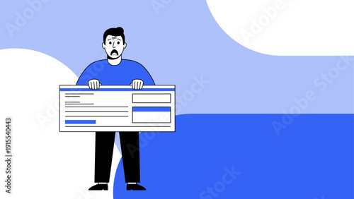Cartoon man in a blue shirt holds a giant check, his face frozen in shock and disbelief. Perfect for illustrating surprise, financial stress, or unexpected bills in design projects.