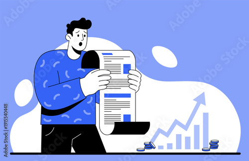 Cartoon man in a blue sweater reads a document, bill or tax check with shock as a rising graph and coins appear beside him. Perfect for illustrating bad news, tax paying, rising prices.
