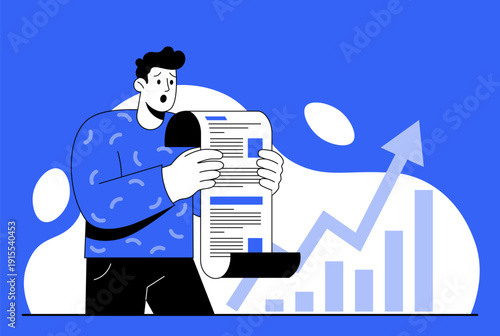 Cartoon man in a blue sweater reads a document, bill or tax check with shock as a rising graph and coins appear beside him. Perfect for illustrating bad news, tax paying, rising prices.