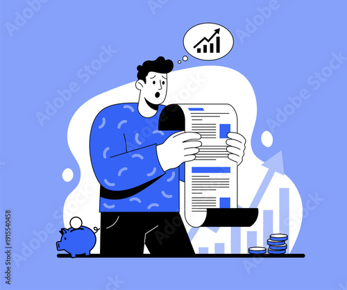 Cartoon man in a blue sweater reads a document, bill or tax check with shock as a rising graph and coins appear beside him. Perfect for illustrating bad news, tax paying, rising prices.