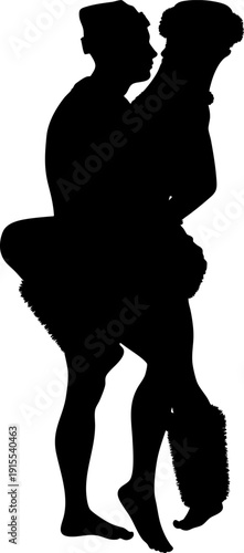 Black silhouette shows a man and a woman dancing in a dynamic, pose against a white background. Perfect for themes of rescue, romance, or action in graphic design projects.