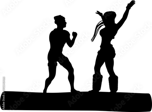 Black silhouette shows a man and a woman dancing in a dynamic, pose against a white background. Perfect for themes of rescue, romance, or action in graphic design projects.