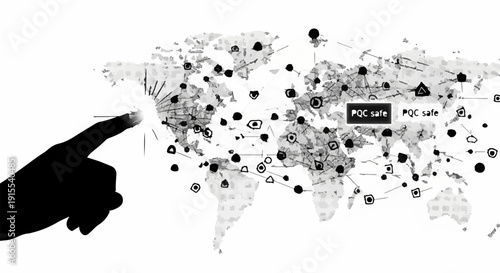 Finger touching world map with network connections, symbolizing global connectivity and communication.