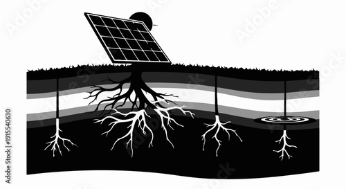 Solar panel drawing energy from earth's layers with deep root system symbolizing sustainable power