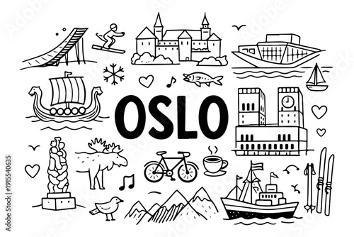 Oslo Norway Travel Hand Drawn Doodle Set. Vector Illustration of City Landmarks, Viking Ship and Skiing Symbols.