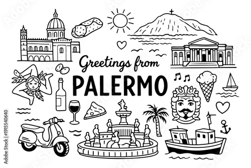 Palermo Sicily Travel Hand Drawn Doodle Set. Vector Illustration of Italian Landmarks, Street Food and Culture Symbols.