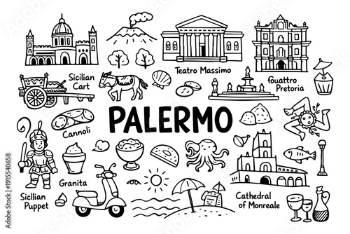 Palermo Sicily Travel Hand Drawn Doodle Set. Vector Illustration of Italian Landmarks, Street Food and Culture Symbols.