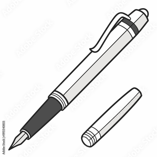 Modern fountain pen with cap detached, sleek writing tool in clean illustration style, ideal for graphic design, business, or educational themes.