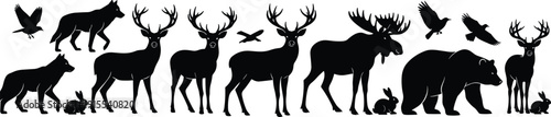 Wild Animal Silhouette Collection Featuring Deer Wolf Bear Moose Rabbit and Raven for Forest Nature Wildlife Conservation Vector Illustration and Design
