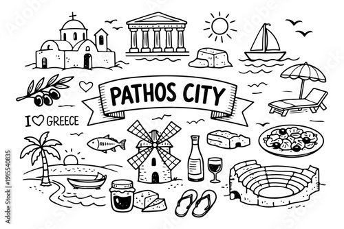 Paphos Cyprus Travel Hand Drawn Doodle Set. Vector Illustration of Ancient Landmarks and Summer Symbols.