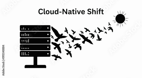 Servers transforming into a flock of birds flying towards the sun, symbolizing cloud migration.