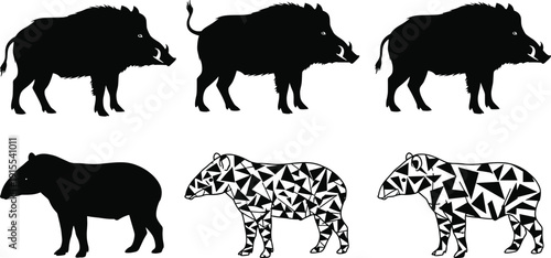 Wild Boar and Tapir Silhouette Collection Featuring Forest Animals in Various Poses for Wildlife Nature Conservation and Outdoor Graphic Design